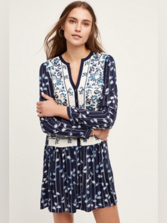 Tiny Dresses & Skirts - Anthropologie Semele Floral Shirt Dress Floral Embroidered Long-Sleeve Blue M